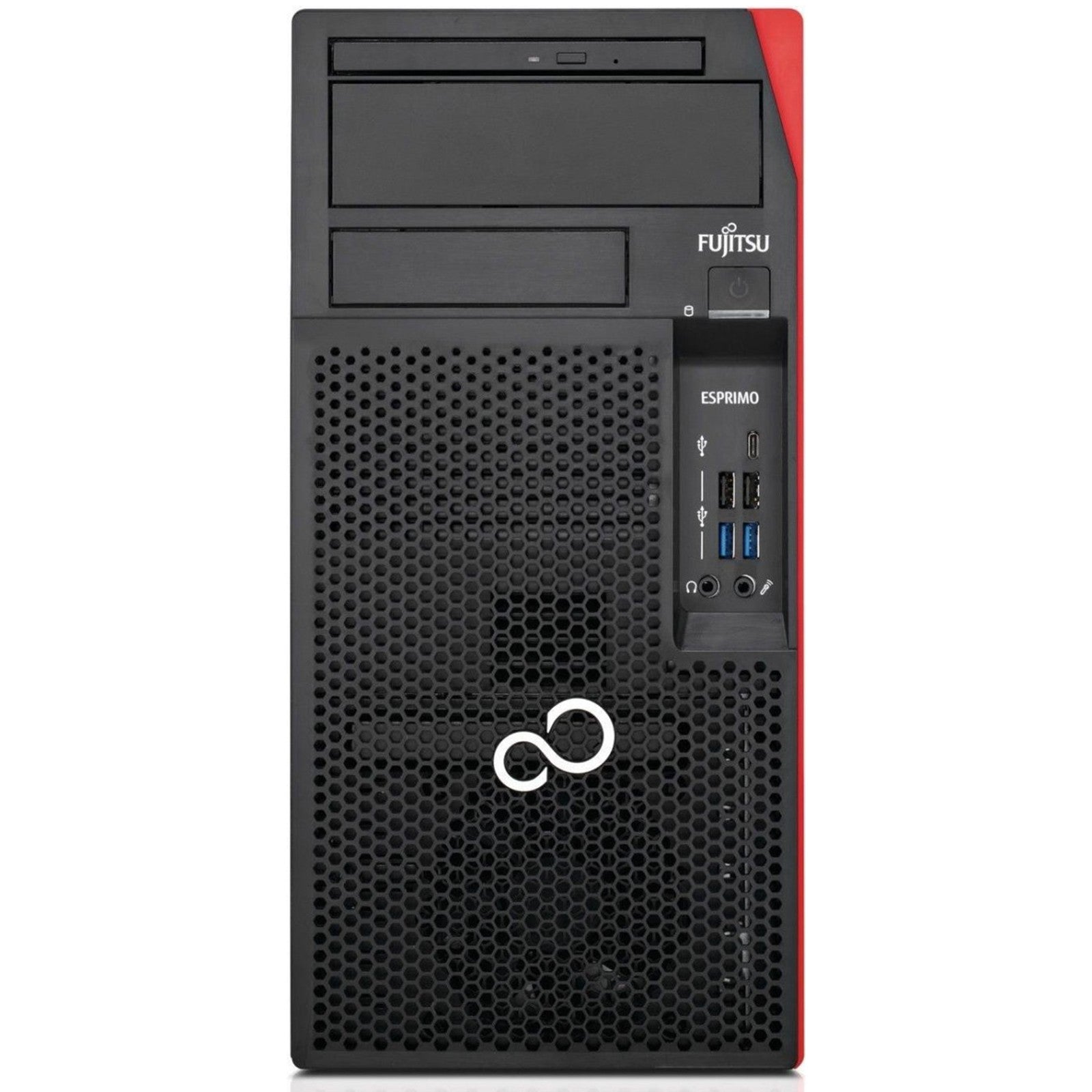 Fujitsu Esprimo P757 Tower refurbished vista frontale con porte USB e Type-C